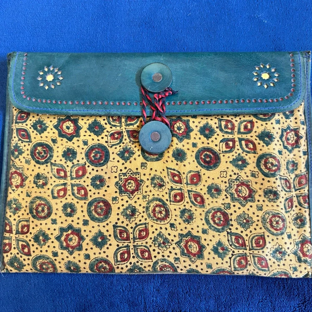 Vintage Handmade Leather Ipad Clutch- Bohi Tribal Pattern- Unique Piece
